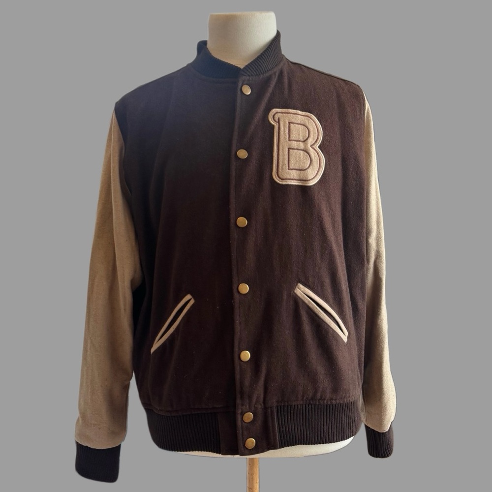 Brown Varsity Jacket with Beige Sleeves